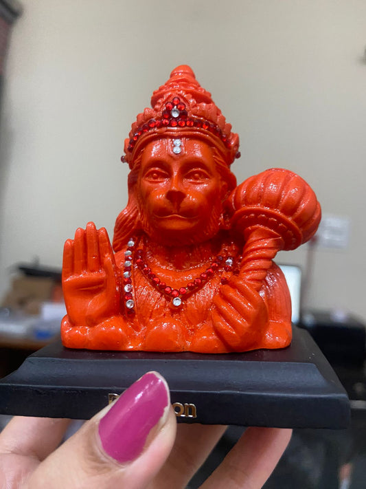 Ride2joy Orange Color Lord Pawan Putra Hanuman Ji Car Dashboard Idol Decorative Showpiece - 10 cm (Marble, Orange)
