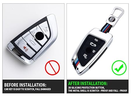 Metal Silicon Car Key Cover for BMW X1 X3 X6 X5 3 Series 5 Series 6 Series 7 Series GT Series M Series X Series 4 Button (Dimond Button) Smart Key Visible in Low-Light Condition