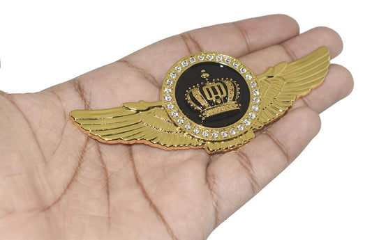 Winged King Crown Emblem Sticker for All Cars, Bikes, Metal (Silver with Red) Size: 11cm x 4.5cm x 2mm