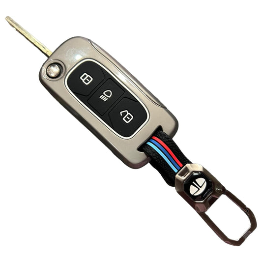 Metal Alloy Car Key Cover & Soft Silicon Black Striped Case Holder with Keychain Compatible for TATA Nexon, Punch, Altroz, Tigor, Tiago, Harrier, Zets, Bolt, Hexa, Storme (3 Button Flip Key)