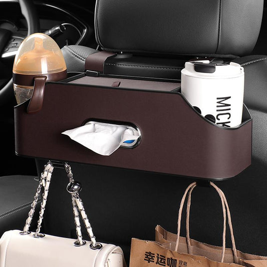 Car Tissue Box Holder 4 in1 Vehicle Multifunctional Storage Box PU Leather Car Storage Organiser with Cup Holder & Hooks Car Headrest Tissue Holder for Car Accessories (Black)