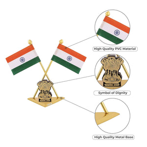 Brass Indian National Flags With Satyamev Jayate Symbol Stand For Car Dashboard