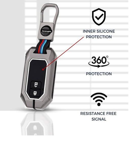 Keycept™ Metal Keycover for Suzuki Swift, Dzire, Ertiga, Grand Vitara, Celerio, Brezza, Fronx, Jimny, Ignis, Urban Cruiser, Rumion, Hyryder, E-Vitara 2 Button Smart Key with Keychain (Type M1).