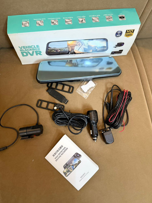 3 Channel Rearview Mirror Dashcam – Vehicle Blackbox DVR, 1080P Full HD, Front + Rear + Cabin Camera, 9.66” Touch Display, G-Sensor, Night Vision, Parking Monitor, Motion Detection