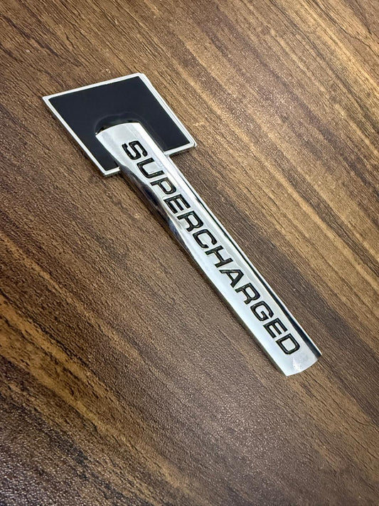 2Pcs Supercharged Emblem Car Logo Premium Auto 3D Raised Metal Badge Rear Trunk Sticker Side Decal (Silver Black)