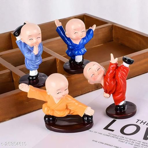 Car Dashboard Buddha ,Multicolour Polyresin 2.8 Inches Monk Idol Set Of 4
