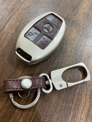 Zinc Alloy and Leather Car Keyless Key Cover Case Fob for Mercedes-Benz W204 W205 W212 C E S GLA AMG Without top Point Cover (Brown)
