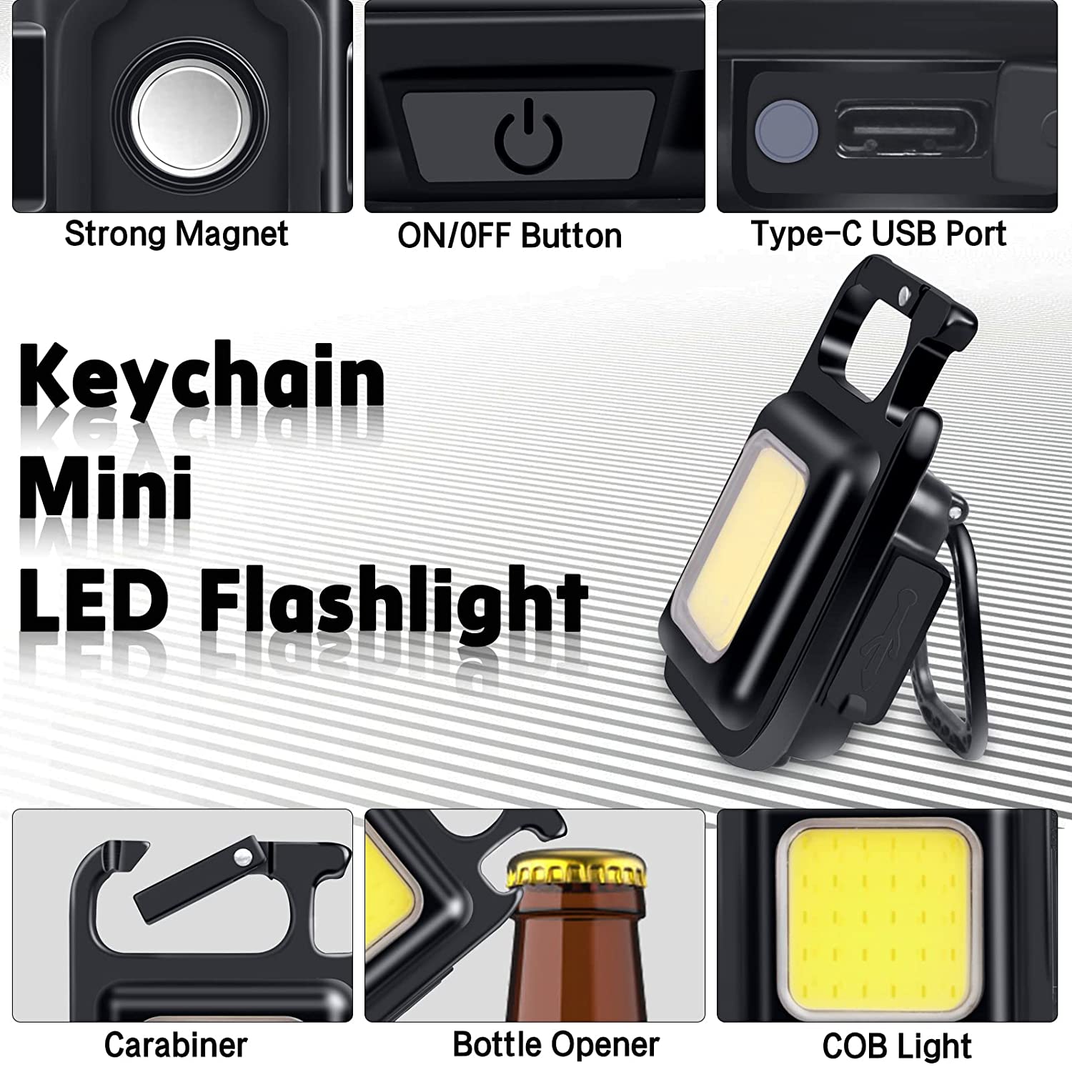 LED Small Flashlight, 1000Lumens Bright Rechargeable COB Keychain Flashlights,4 Light Modes Portable Pocket Light with Folding Bracket Bottle Opener and Magnet Base for Fishing, Walking and Camping