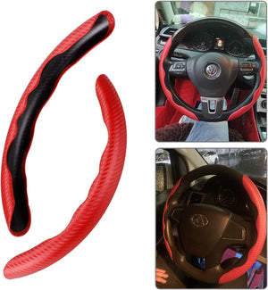 2PC 15inch Car Anti-skid Steering Wheel Cover Red Carbon Fiber Steering Cover