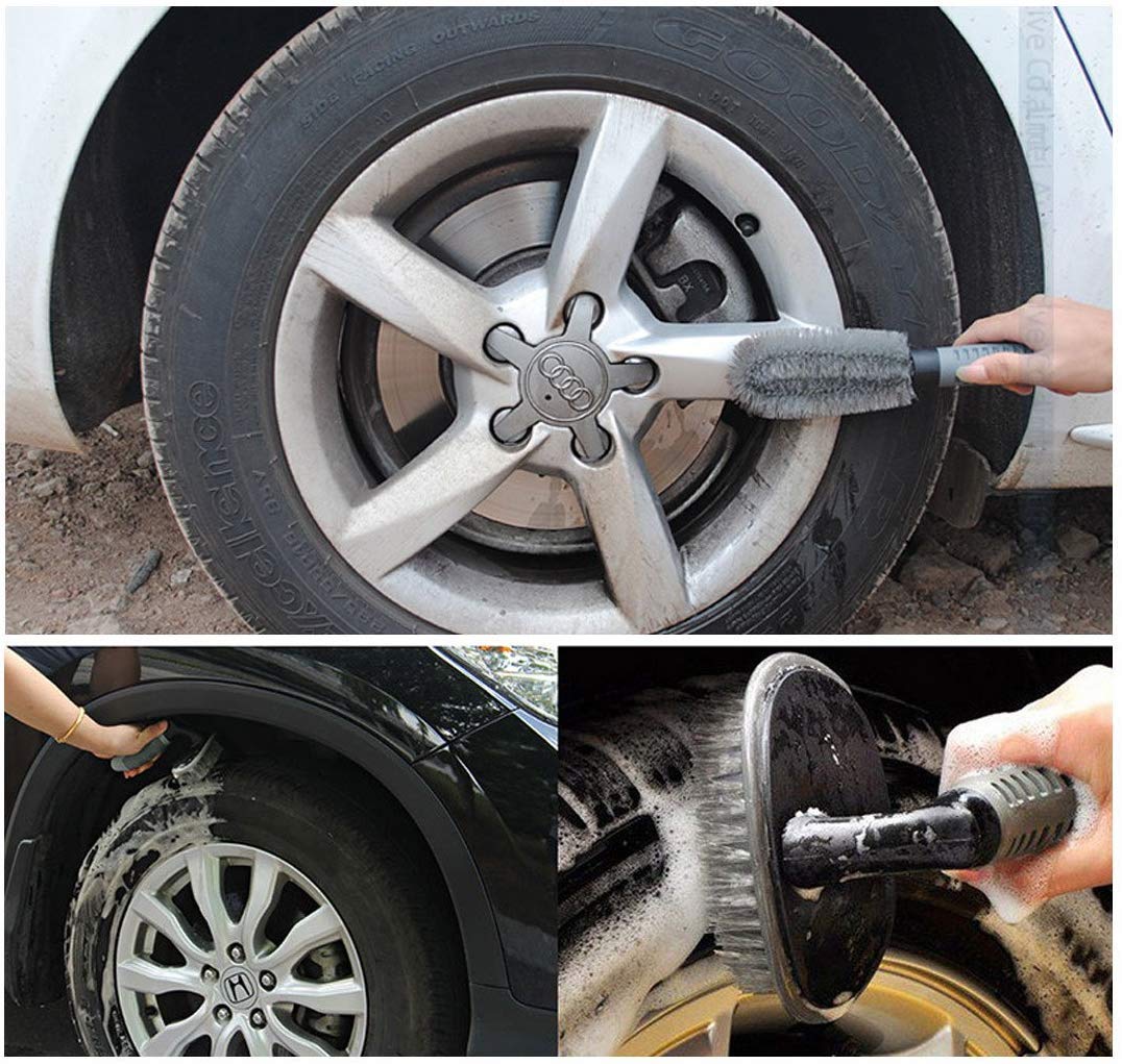 Car Oxygen - Brush Tire Cleaning  Brush for Cleaning Car Wheel Hub Wheel Tire Rim Scrub  Useful Brush Car Truck Motorcycle Bike Washing Cleaning Tool (Set of 2 Pcs)