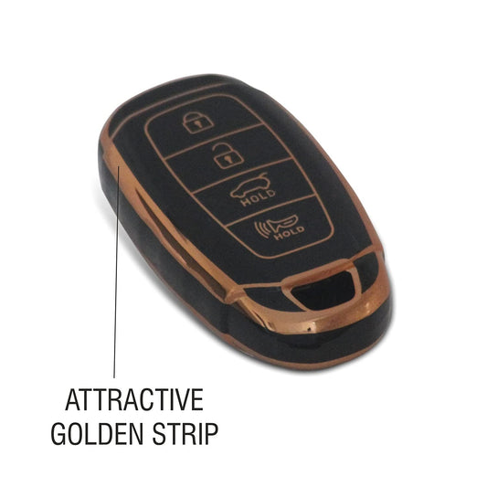 TPU Leather Car Key Cover Compatible with Hyundai Verna -2020 Smart Key (Black_14)