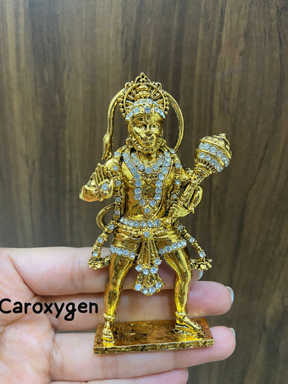 Standing Hanuman Golden Antic Metal with Crystal Diamond Studded God Idol Showpiece