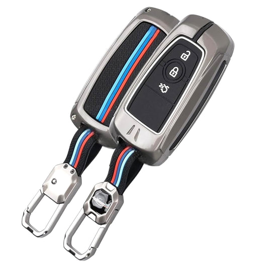 Metal Alloy Car Key Cover & Soft Silicon Black Striped Case & Holder with Keychain Compatible for Ford Endeavour, Ecosport, Figo, Aspire, Freestyle (3 Button Push Smart Key)