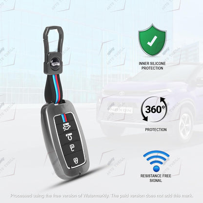 Premium Metal Soft Car Key Shell with Keychain & Full Protection Key Cover Compatible with Kia 4 Button Old Kia Seltos, Sonnet, Carens (Push Start Car 4 Button Key)