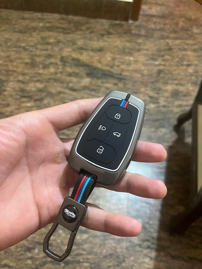 Metal Silicon Key Cover Compatible With Tata Nexon, Harrier | Safari | Altroz | Tigor | Ev | Punch | Tiago Ev Electric 4 Button Smart Key Feature Visible In Low-Light Condition, Black