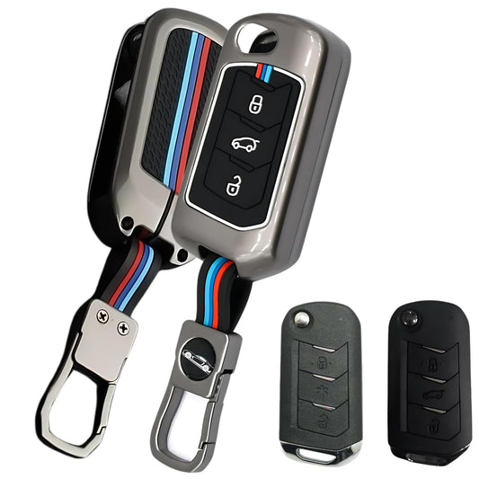 Metal Shell Silicone Key Cover Compatible with Mahindra Scorpio N | XUV 3XO | XUV 300 | Marazzo | XUV 700 | XUV 400 EV | Bolero | Thar | TUV 300 | 3 Button Flip Remote Key Cover