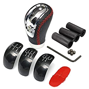 CarOxygen 5 6 Speed Manual Car Gear Shift Knob Shifter Lever Handle Stick PU Leather Universal with 3 Caps (Black)
