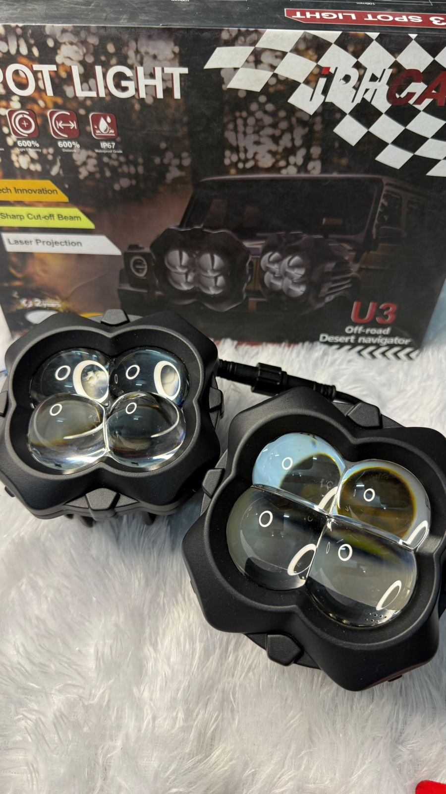 IPH Car U3 LED Spot Light for Bike & Car, High Power Auxiliary Fog Light with Laser Projection, Sharp Cut-Off Beam, Waterproof IP67 Driving Light for Motorcycle, SUV & Off-Road Vehicles (Pack of 2)