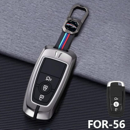 Metal Alloy Car Key Cover & Soft Silicon Black Striped Case & Holder with Keychain Compatible for Ford Endeavour, Ecosport, Figo, Aspire, Freestyle (3 Button Push Smart Key)