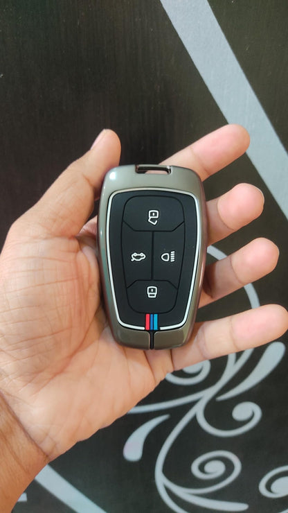 Metal Silicon Key Cover Compatible With Tata Nexon, Harrier | Safari | Altroz | Tigor | Ev | Punch | Tiago Ev Electric 4 Button Smart Key Feature Visible In Low-Light Condition, Black