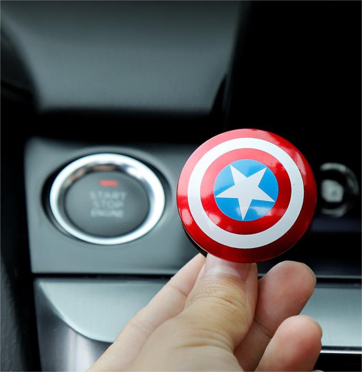 CarOxygen New Superhero Design Car Push to Start Ignition Button Cover Interior for All Universal Cars Button Decoration Ring (Metal, Captain America)