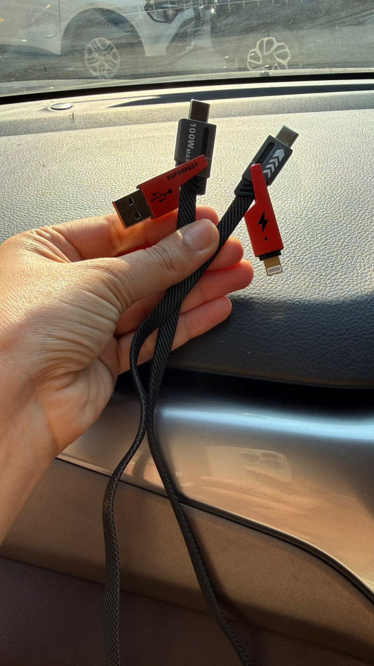 Procharge 4 60W 4-In-1 Multifunctional Fast Charging Cable With Multiple Port & Metal Zinc Alloy Head, Tangle Free Flat Cable, Type C to Type C/Lightening, USB A, Fast Data Sync (Red+Black)