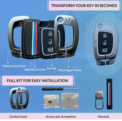 caroxygen Metal Key Cover for Hyundai Hyundai Creta, Venue, Tucson, Alcazar, I20, Grand i10 Nios, Aura, Xcent, Exter 3 Button Flip Key Only - Black