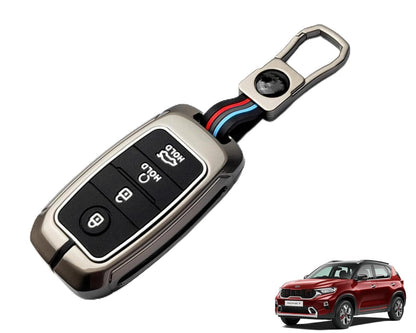 Premium Metal Soft Car Key Shell with Keychain & Full Protection Key Cover Compatible with Kia 4 Button Old Kia Seltos, Sonnet, Carens (Push Start Car 4 Button Key)