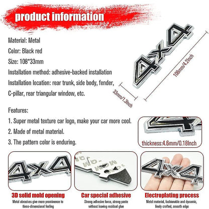 3D Metal 4X4 Four-Wheel Drive Car Sticker Emblem Badge For Universal Cars (Red Black)