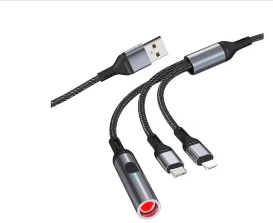in 1 USB Data Cable with a C-Type Port, Lightning Port and Cigarette Lighter | 120W Compatible | Threaded Cable |