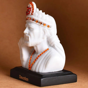 Shirdi Sai Baba Statue Blessing On Wooden Pedestal for Car Dashboard Idol Poly Marble 8X7X5 White
