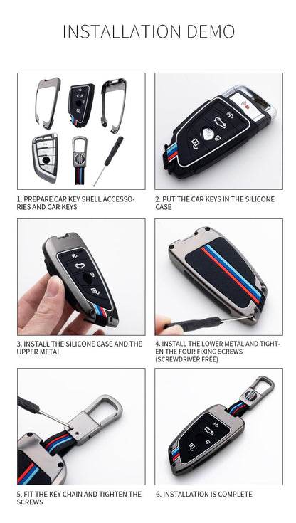 Metal Silicon Car Key Cover for BMW X1 X3 X6 X5 3 Series 5 Series 6 Series 7 Series GT Series M Series X Series 4 Button (Dimond Button) Smart Key Visible in Low-Light Condition