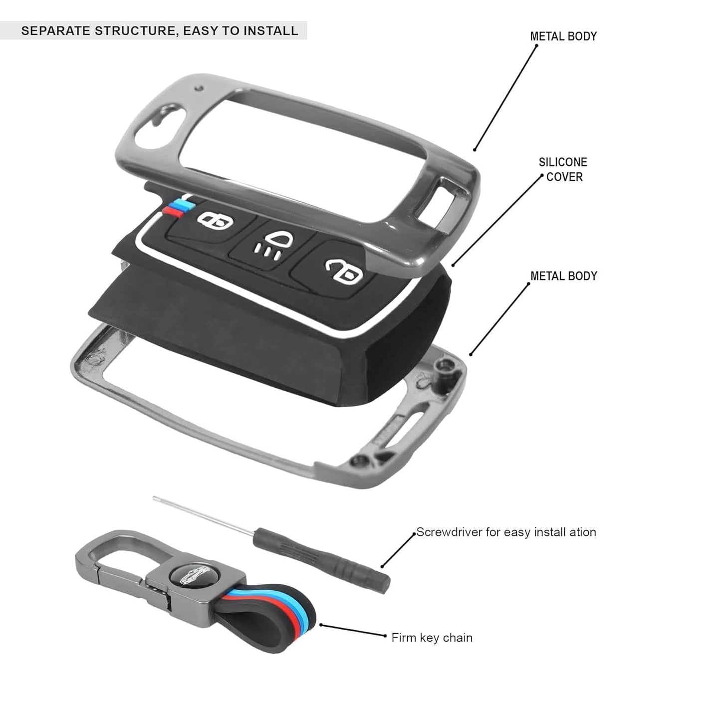 Premium Metal Key Cover Compatible with Tata Tiago | Nexon | Altroz | Safari | Storme | Zest | Bolt | Tigor | Punch | Hexa 3 Button Flip Key