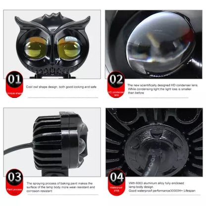 Double Additional Round HJG Owl Fog Lights 12V, 40W Chrome, Dual Tone, 2 Eye 2 in 1 Spot Light with Flood Light, Yellow & White, for Bike, Car, Thar, Jeep (Original 1pc)