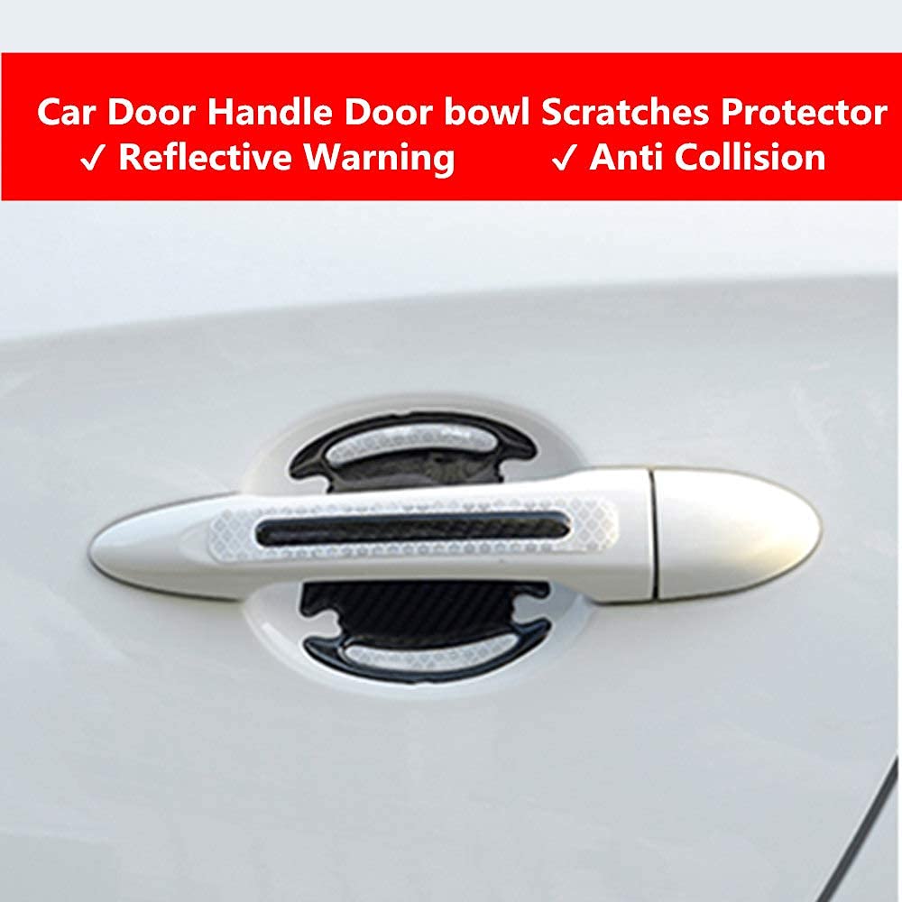 4pcs Universal 3D Carbon Fiber Texture car Door Handle Door Bowl Paint Scratch Protector Protective Cover Protective Film car Outdoor Safety Decoration Reflective Strip(Diamond White)