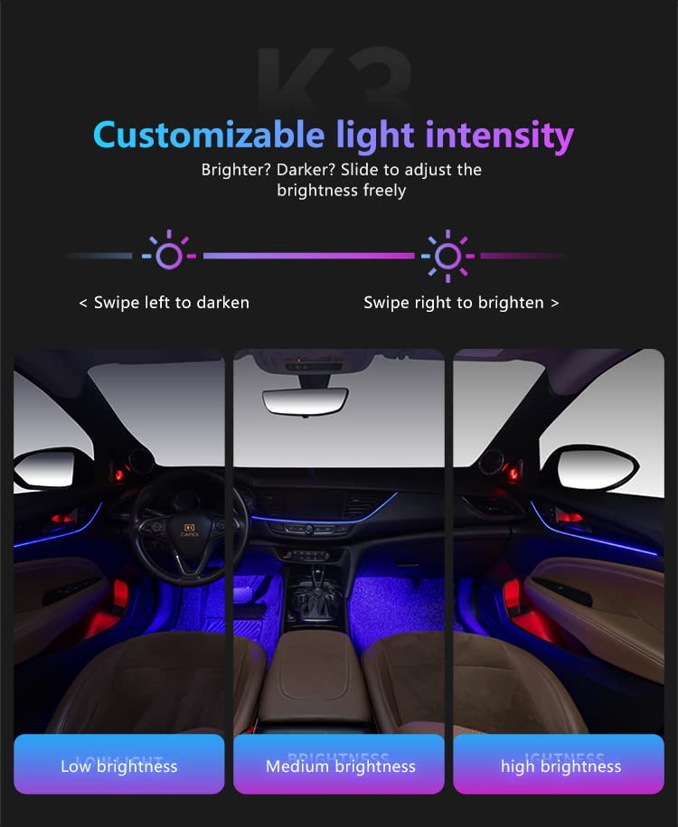 Cardi k4 Series (Without Voice Control) - All Car LED Atmosphere Ambient Lighting Kit Interior Strip Light 16 Million Colors 5in1 with 6 Meters Fiber Optic Multicolor RGB Wireless Bluetooth APP Remote Control