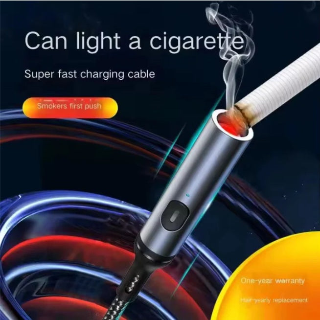 in 1 USB Data Cable with a C-Type Port, Lightning Port and Cigarette Lighter | 120W Compatible | Threaded Cable |