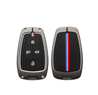 Metal Silicon Key Cover Compatible With Tata Nexon, Harrier | Safari | Altroz | Tigor | Ev | Punch | Tiago Ev Electric 4 Button Smart Key Feature Visible In Low-Light Condition, Black