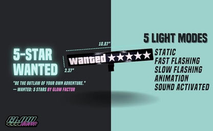 Wanted 5 Star LED Car Sticker Light Window Windshield Door Sticker LED Sigh Light Panel