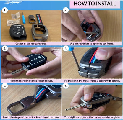 Metal Key Cover for Hyundai Grand i10 NIOS, Asta, Venue, i20, Aura, Exter, Creta, Elantra - 3 Button Flip Key (Black) | Zinc Alloy