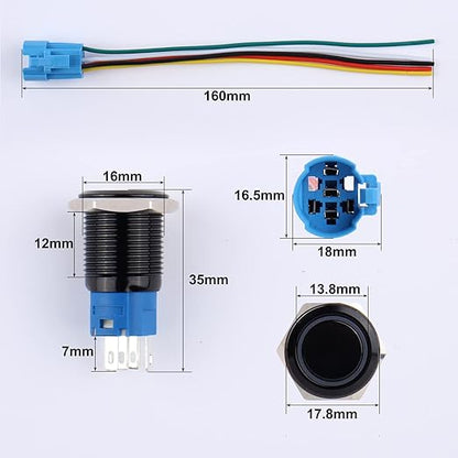 16mm 12V-24V Latching Metal Push Button Switch Ring Led Self Locking 1NO 1NC Waterproof ON/Off Black Shell Button with Pre-Wired Socket for 5/8â€™â€™ Mounting Hole (IP66,Green Light 2Pcs)