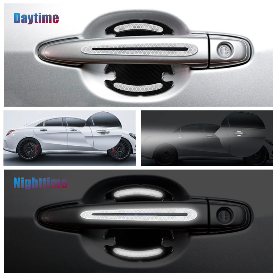 4pcs Universal 3D Carbon Fiber Texture car Door Handle Door Bowl Paint Scratch Protector Protective Cover Protective Film car Outdoor Safety Decoration Reflective Strip(Diamond White)