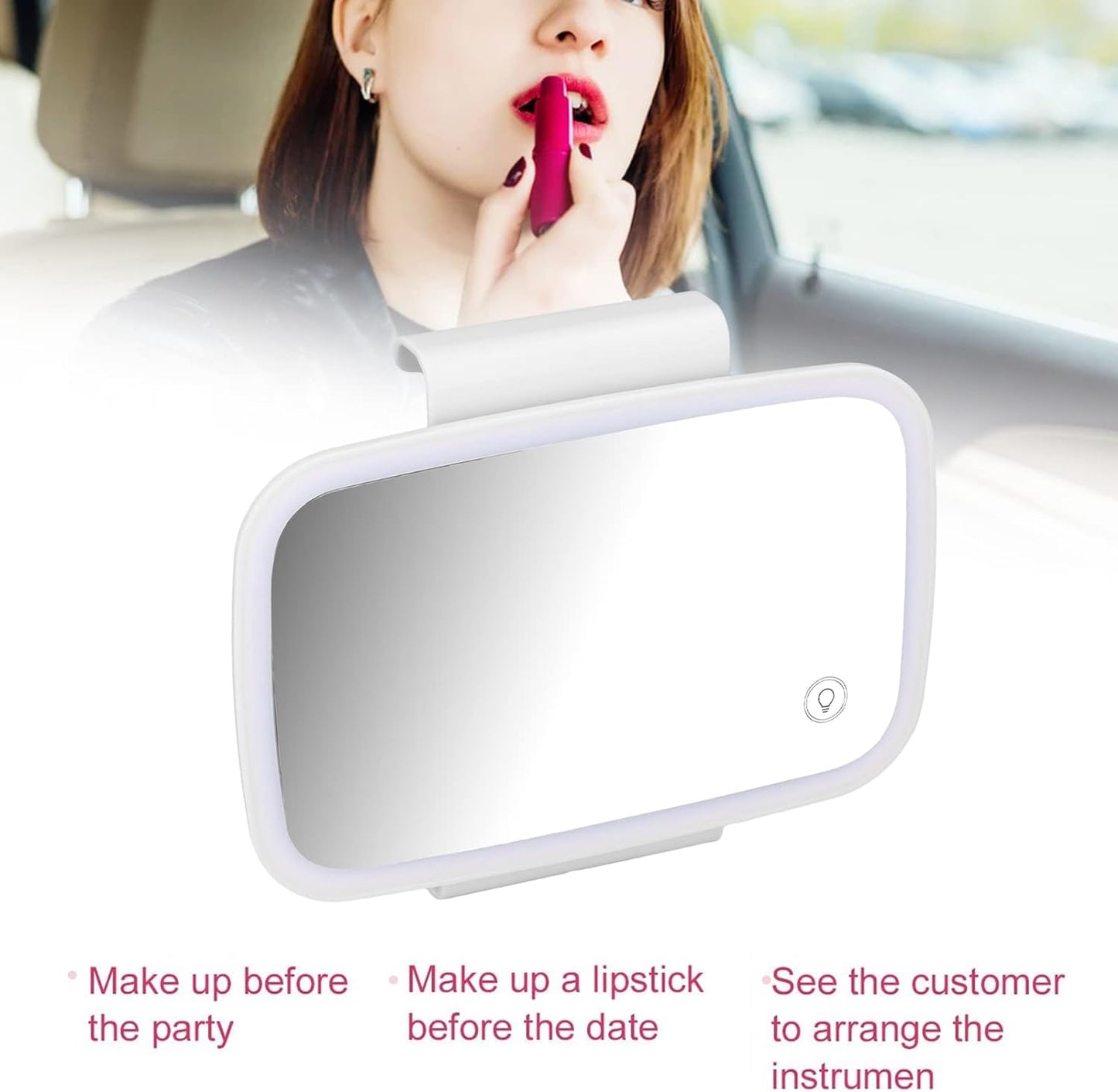 Car Visor Vanity Mirror, Rechargeable Car Makeup Mirror w/LED Lights & Bling Diamond for Girls Women - Dimmable Touch Screen Clip-on Rear View Sun-Shading Cosmetic Mirror for Car Truck SUV(Pink)