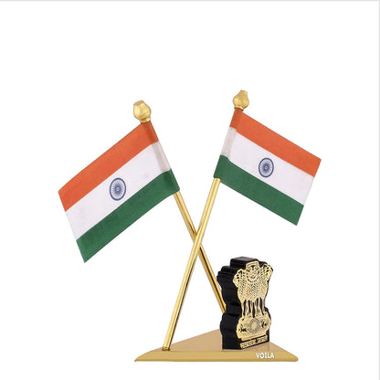 Brass Indian National Flags With Satyamev Jayate Symbol Stand For Car Dashboard