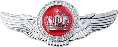 Winged King Crown Emblem Sticker for All Cars, Bikes, Metal (Silver with Red) Size: 11cm x 4.5cm x 2mm