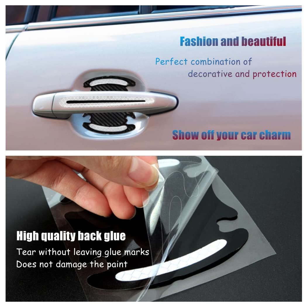 4pcs Universal 3D Carbon Fiber Texture car Door Handle Door Bowl Paint Scratch Protector Protective Cover Protective Film car Outdoor Safety Decoration Reflective Strip(Diamond White)