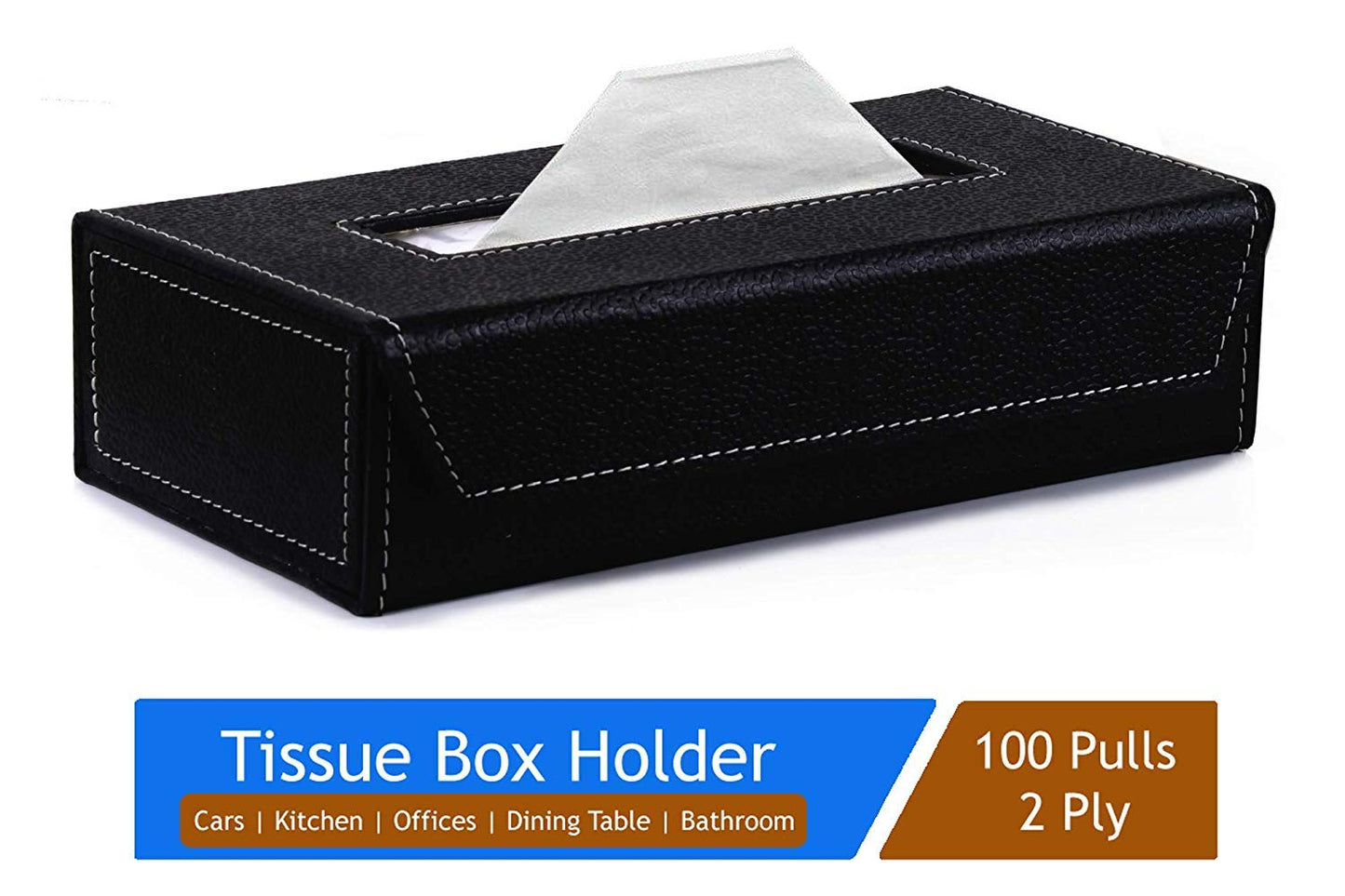 Car Dashboard Napkin Tissue Box Holder with Leatherette & 100 Tissue Paper (Black)