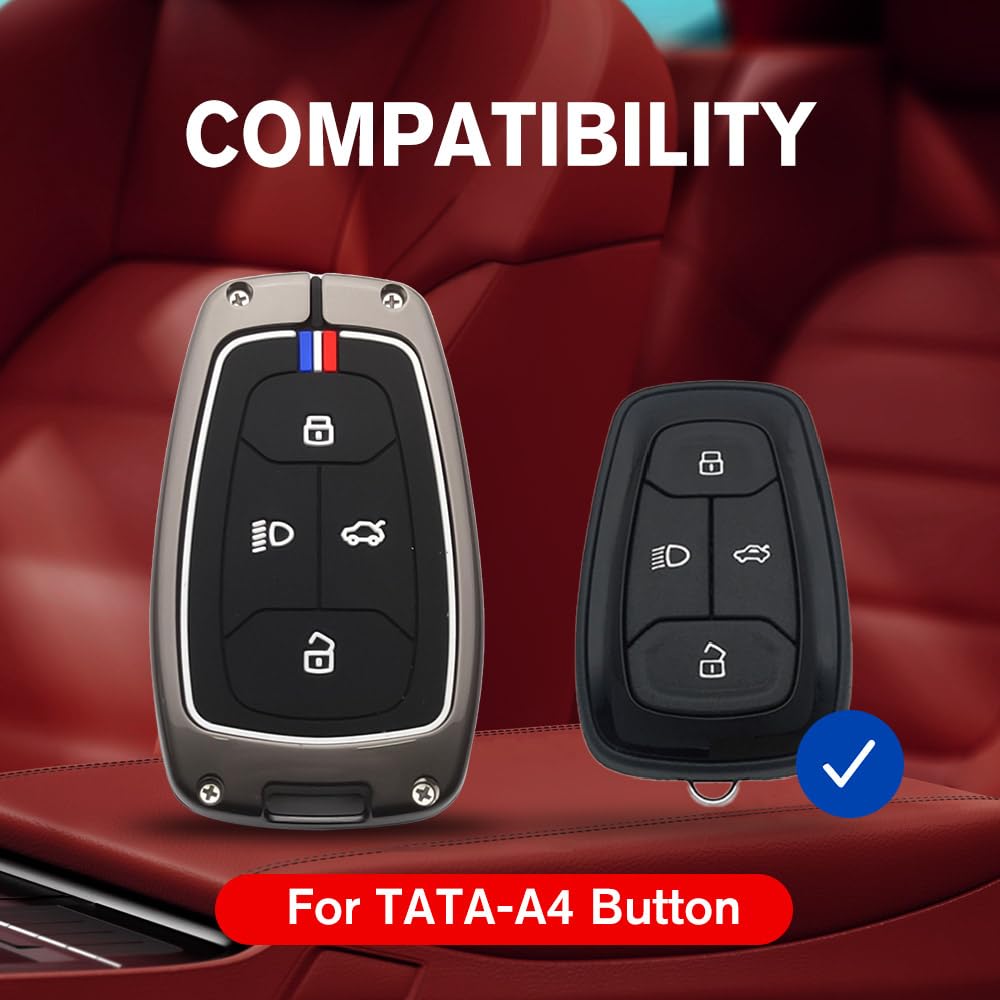 Zinc Metal Key Cover Compatible with Tata Nexon | Harrier | Safari | Altroz | Tigor | EV | Punch | Tiago EV Electric 4 Button Smart Key (Metal Keycover)