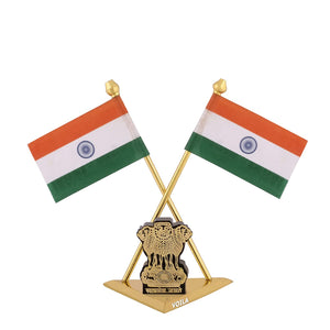 Brass Indian National Flags With Satyamev Jayate Symbol Stand For Car Dashboard