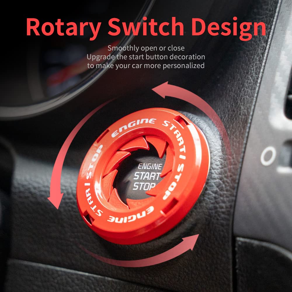 Rotary Car Push Start Button Cover, Spin Chrom Metal Car Engine Push to Start Button Cover Decoration, DIY Car Accessories (Red)